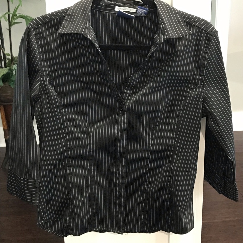Black with thin white stripes button up blouse